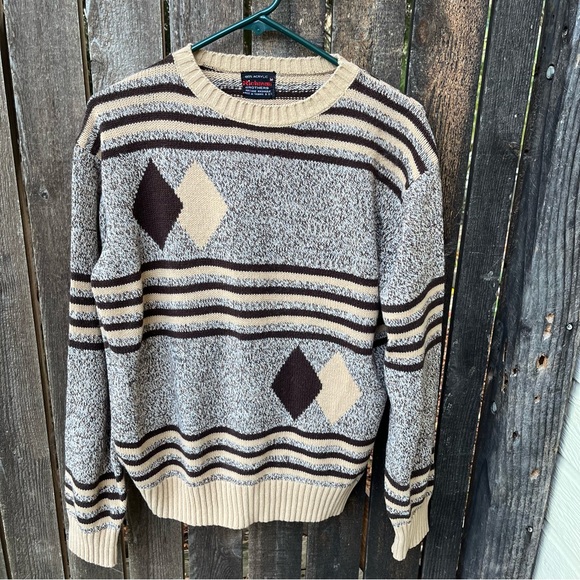 Richman Brothers Vintage Brown Diamond Striped Crew Neck Sweater Sz M - Picture 8 of 12
